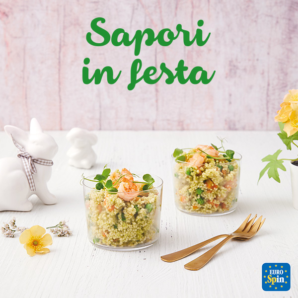 Insalata di cous cous con pesto e code di mazzancolla