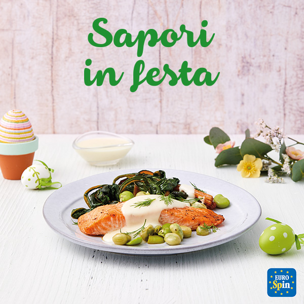 Filetto di salmone arrosto con fonduta di pecorino, fave e bietole